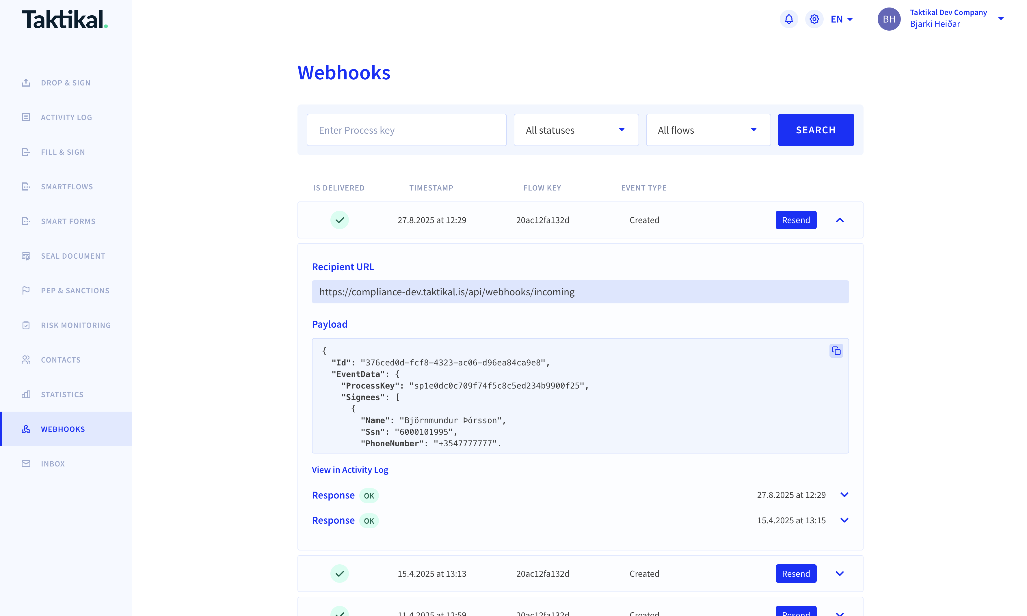 Webhook testing interface